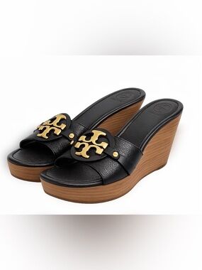 Tory Burch Women's Size 9.5 "Patti 3" Wedge Sandals in Black Gold Double T Logo